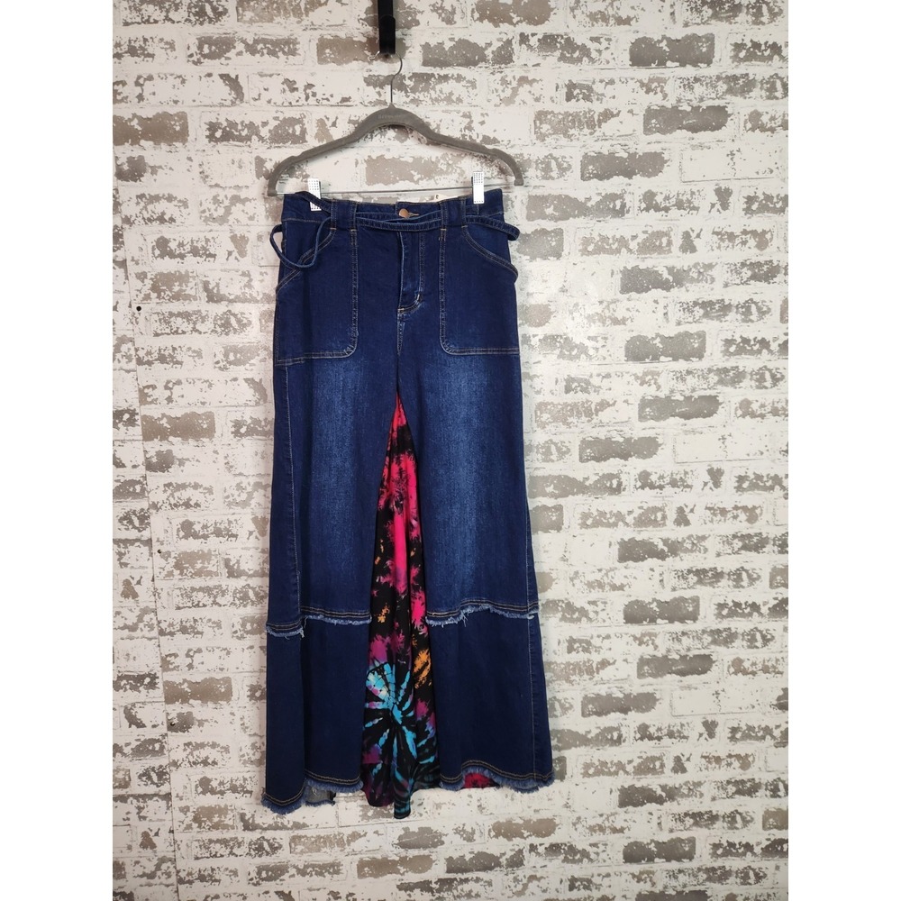 Boho Hippie Patchwork Denim Skirt Size 28 Blue Maxi Tie Dye Fray Retro Flare